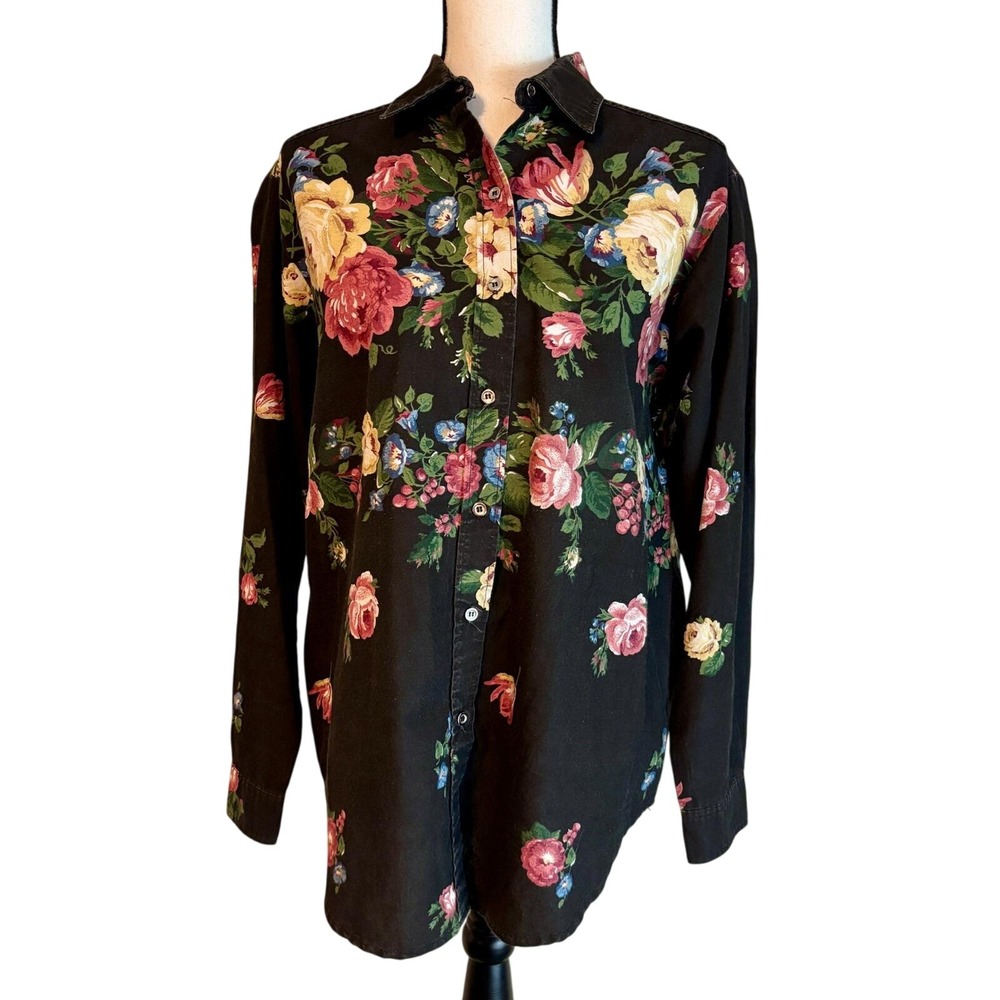 Sun River Button Up Blouse Women's Medium Black Whimsigoth Red Yellow Blue Roses